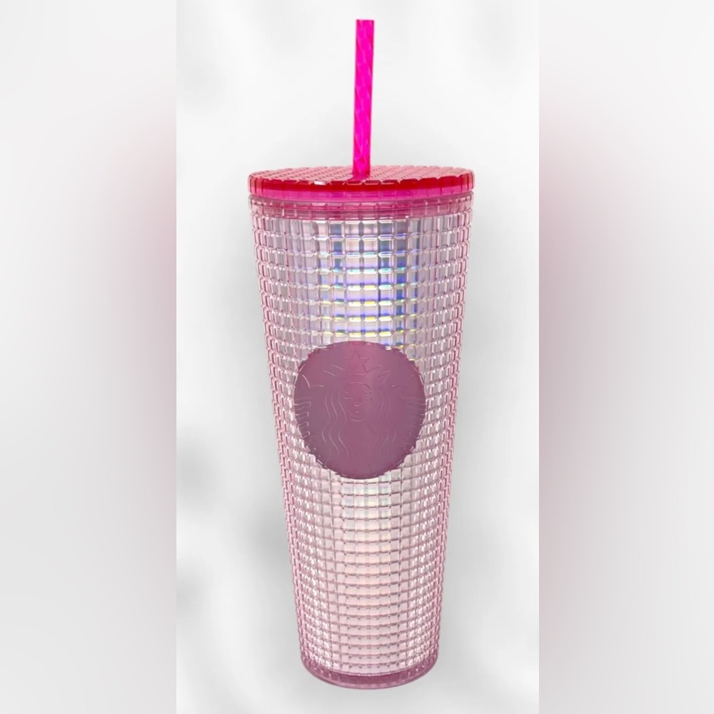 Starbucks 2023 Iridescent Bubblegum Grid Pink Silver Cold Cup 24oz Venti Tumbler